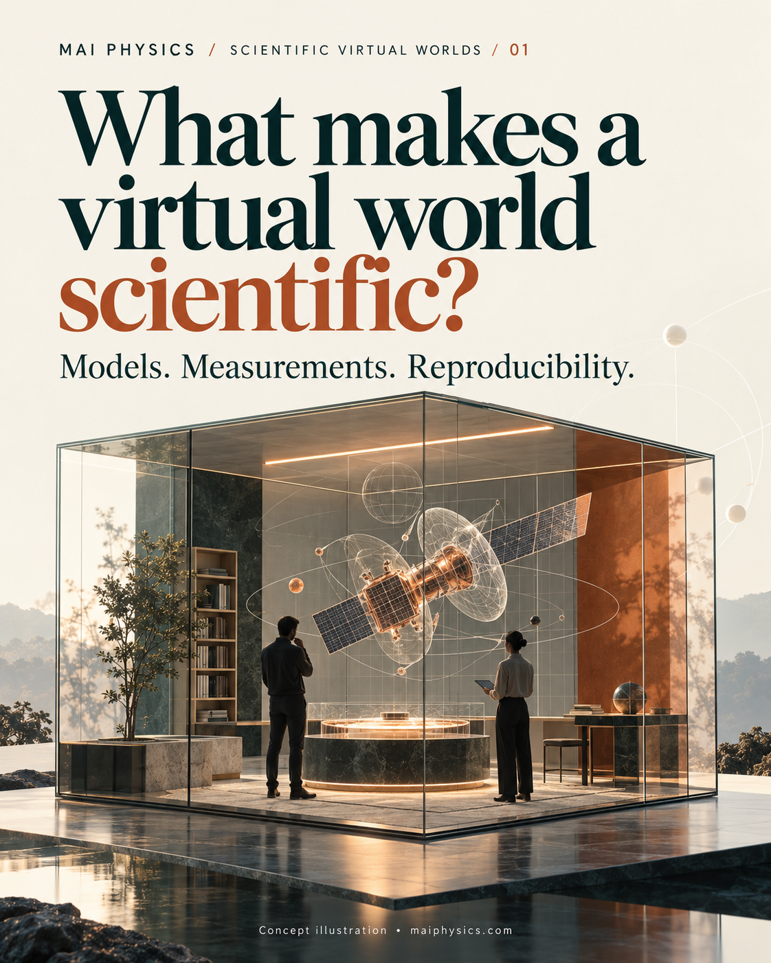 A conceptual glass-walled virtual research room contains a satellite-like wireframe model and two people inspecting it. The headline asks what makes a virtual world scientific.