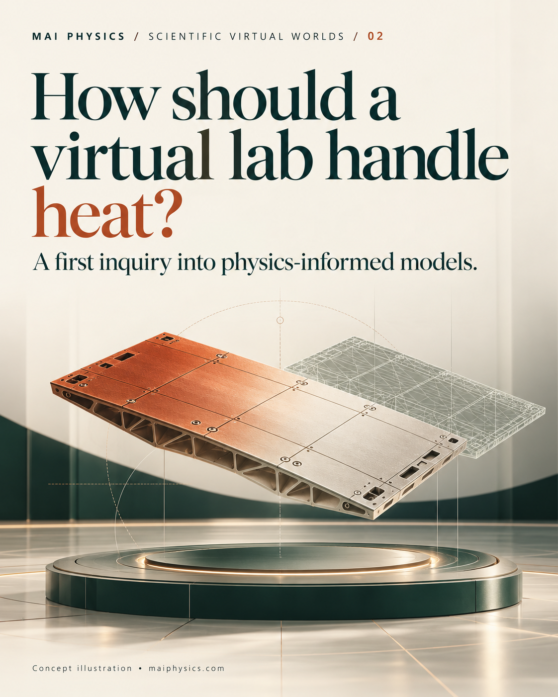 A conceptual metallic panel with a warm-to-light artistic colour transition floats above a laboratory platform, beside its wireframe representation. It is not a temperature plot.