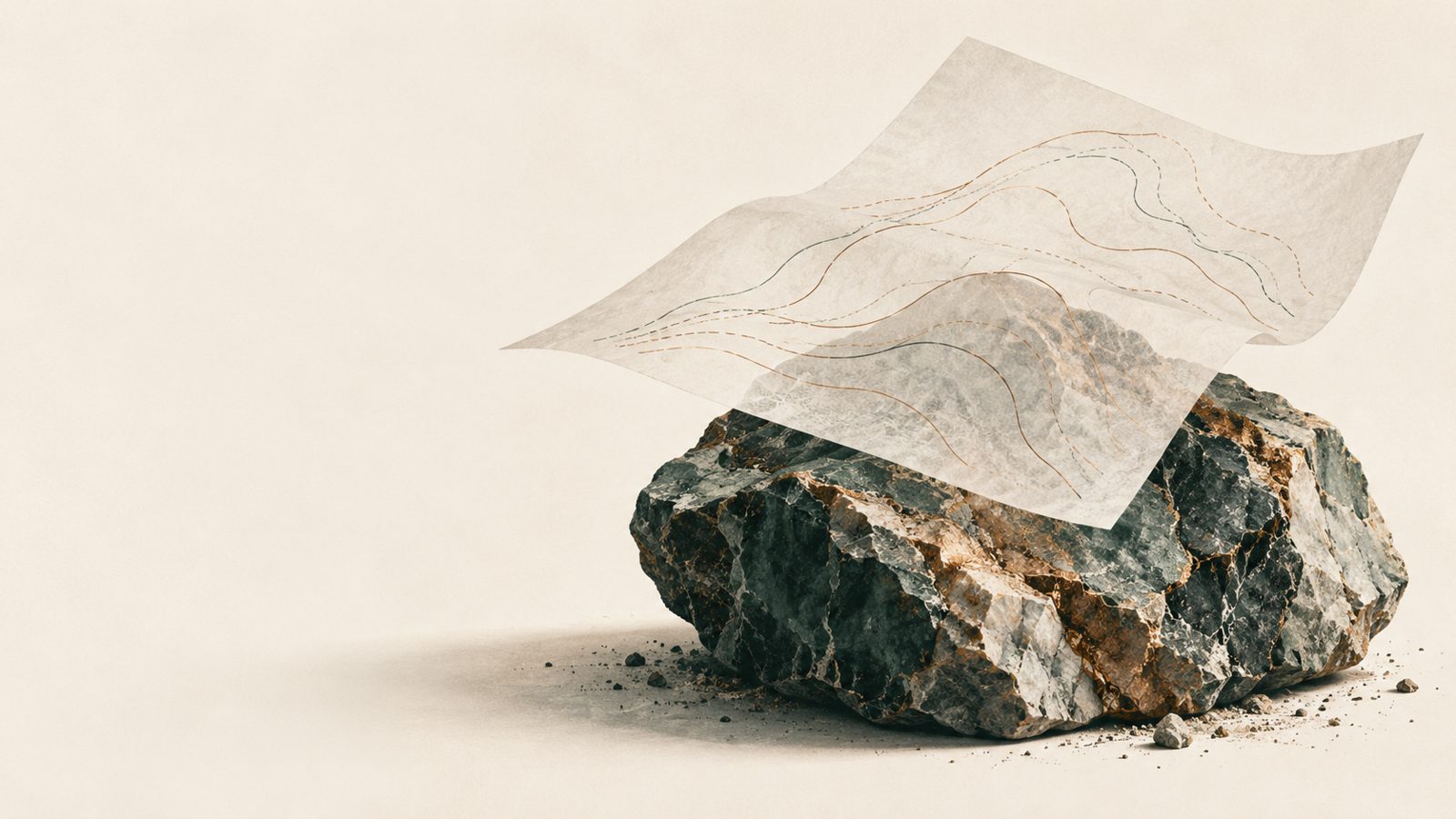 A translucent sheet with partial contours suspended above a detailed stone.