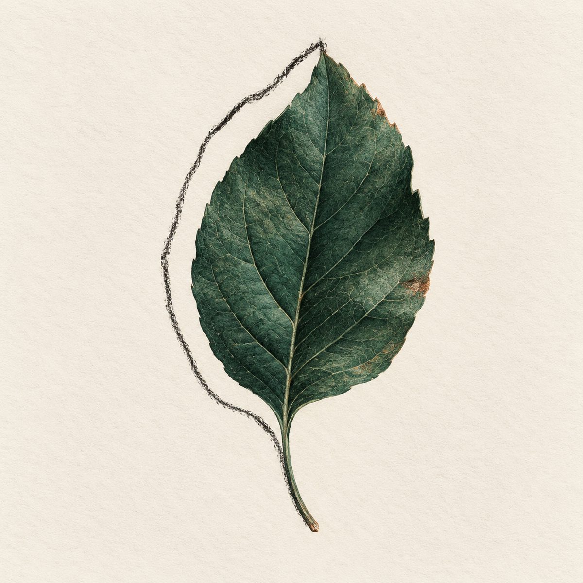 A green leaf whose fine detail extends beyond a partial charcoal contour.
