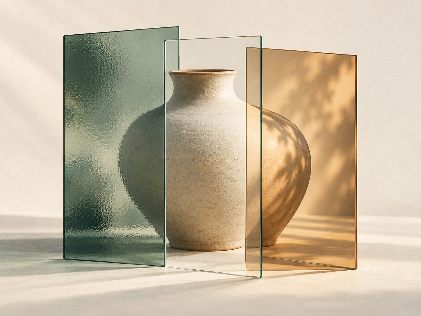 One ceramic vessel seen through three overlapping translucent glass panels.